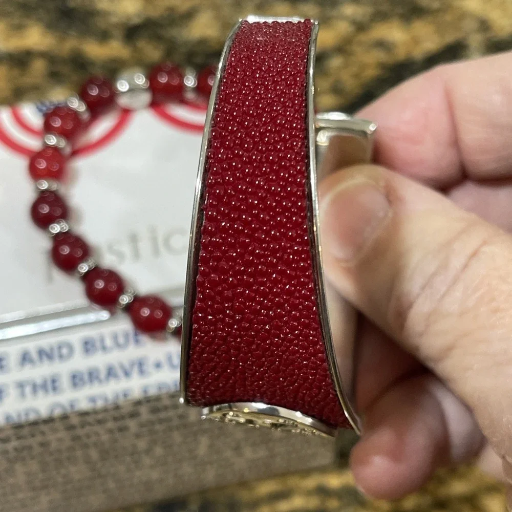Patriotic Rustic Cuff Set Of 2 Bracelets One Stretch One Metal Cuff Red & Silver